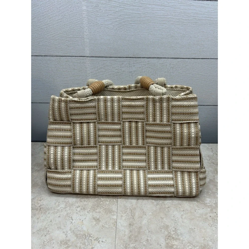 Vintage Handbag White & Brown Straw Woven Purse Rope Handles Made In Italy - Picture 1 of 10